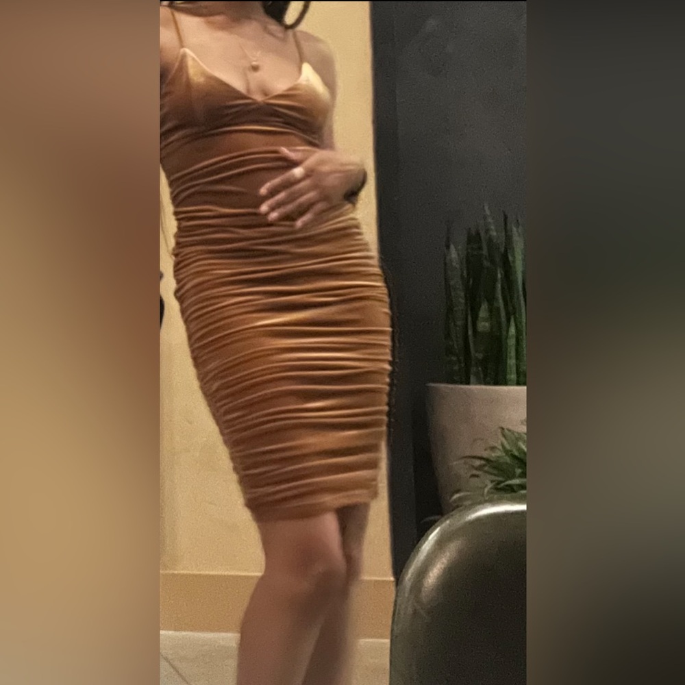 Elegant Brown Ruched Velvet Dress